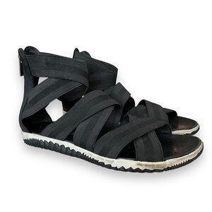 Sorel Out N About Plus Black & White Strappy Crisscross Stretchy Sandal Shoe 10